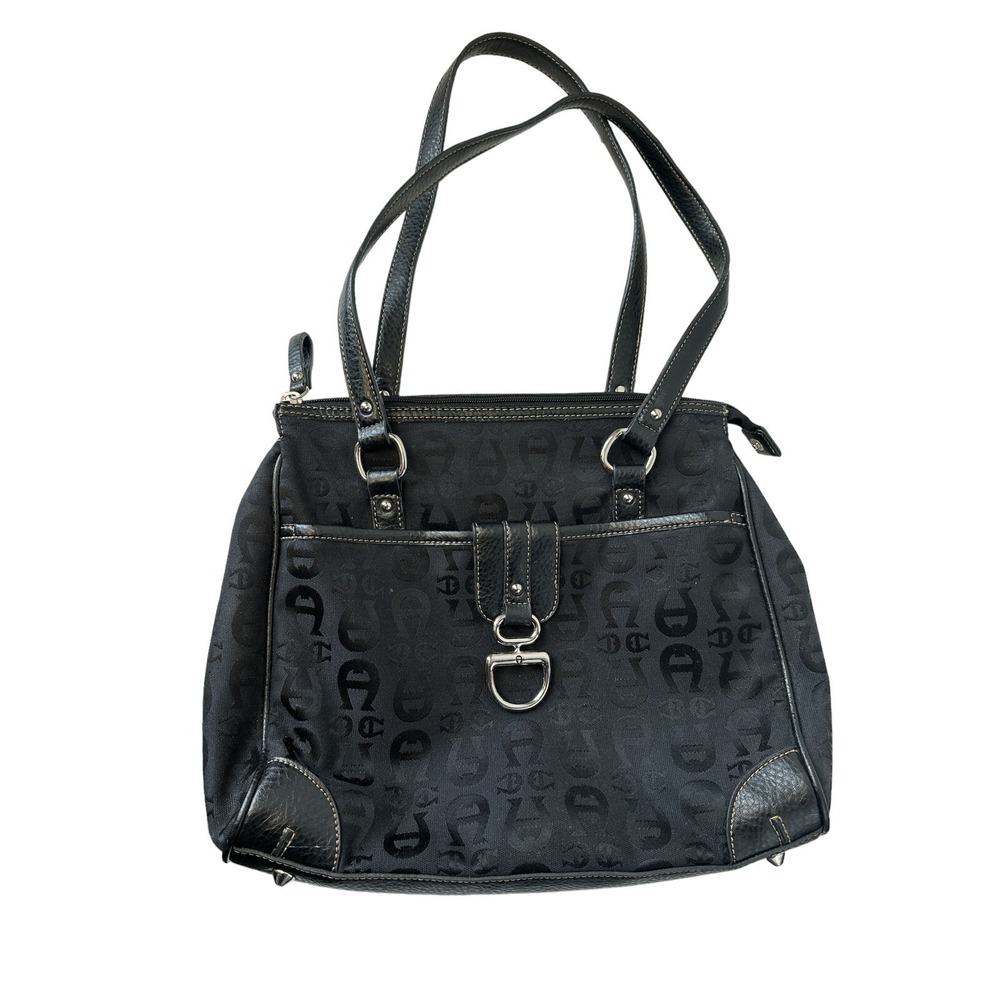 Etienne Aigner Black Signature Canvas Bag Leather Trim Front Magnetic Pocket